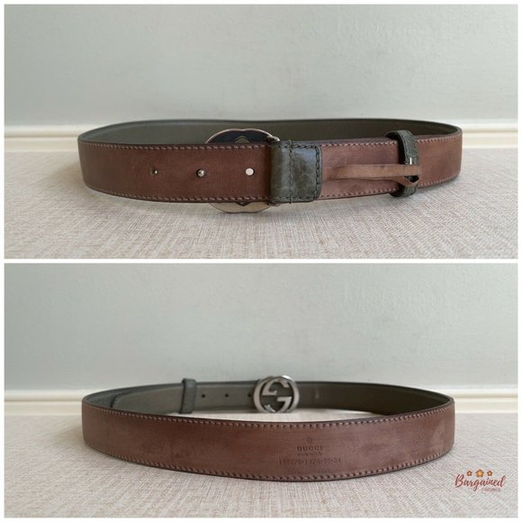 Authentic GUCCI Greenish-Gray Leather Silver Interlocking G Buckle Belt 85/34 main image 12